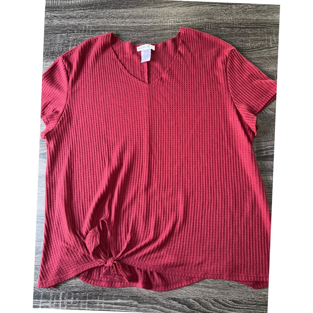 Meri Skye Womens 3X Dark Red Waffle Knit V-Neck Front Knot Short Sleeve Top